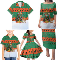Giraffes Decorating Tree Gifts Family Matching Puletasi and Hawaiian Shirt with Orange Green Holiday Pattern Design - Wonder Print Shop