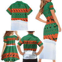 Giraffes Decorating Tree Gifts Family Matching Short Sleeve Bodycon Dress and Hawaiian Shirt with Orange Green Holiday Pattern Design - Wonder Print Shop