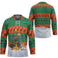Giraffes Decorating Tree Gifts Hockey Jersey with Orange Green Holiday Pattern Design - Wonder Print Shop