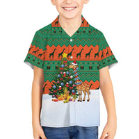 Giraffes Decorating Tree Gifts Kid Hawaiian Shirt with Orange Green Holiday Pattern Design - Wonder Print Shop