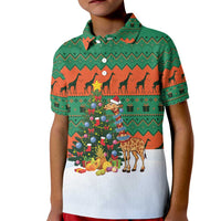 Giraffes Decorating Tree Gifts Kid Polo Shirt with Orange Green Holiday Pattern Design - Wonder Print Shop