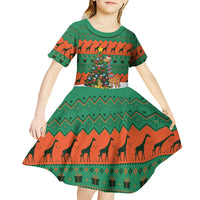 Giraffes Decorating Tree Gifts Kid Short Sleeve Dress with Orange Green Holiday Pattern Design - Wonder Print Shop