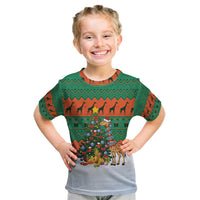 Giraffes Decorating Tree Gifts Kid T Shirt with Orange Green Holiday Pattern Design - Wonder Print Shop