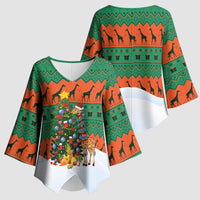 Giraffes Decorating Tree Gifts Kimono Sleeve Blouse with Orange Green Holiday Pattern Design - Wonder Print Shop