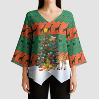 Giraffes Decorating Tree Gifts Kimono Sleeve Blouse with Orange Green Holiday Pattern Design - Wonder Print Shop