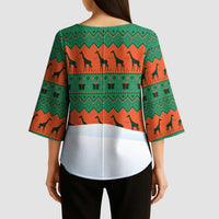Giraffes Decorating Tree Gifts Kimono Sleeve Blouse with Orange Green Holiday Pattern Design - Wonder Print Shop