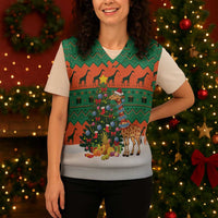 Giraffes Decorating Tree Gifts Christmas Knitted V-Neck Vest with Orange Green Holiday Pattern Design - Wonder Print Shop