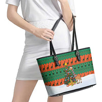 Giraffes Decorating Tree Gifts Leather Tote Bag with Orange Green Holiday Pattern Design - Wonder Print Shop