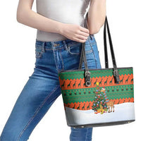 Giraffes Decorating Tree Gifts Leather Tote Bag with Orange Green Holiday Pattern Design - Wonder Print Shop