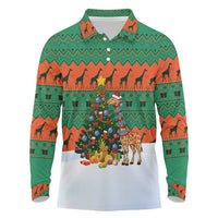 Giraffes Decorating Tree Gifts Long Sleeve Polo Shirt with Orange Green Holiday Pattern Design - Wonder Print Shop