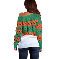 Giraffes Decorating Tree Gifts Off Shoulder Sweater with Orange Green Holiday Pattern Design - Wonder Print Shop