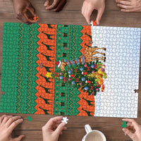 Giraffes Decorating Tree Gifts Puzzle with Orange Green Holiday Pattern Design - Wonder Print Shop