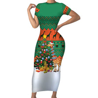Giraffes Decorating Tree Gifts Short Sleeve Bodycon Dress with Orange Green Holiday Pattern Design - Wonder Print Shop
