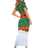 Giraffes Decorating Tree Gifts Short Sleeve Bodycon Dress with Orange Green Holiday Pattern Design - Wonder Print Shop