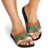 Giraffes Decorating Tree Gifts Slide Sandals with Orange Green Holiday Pattern Design - Wonder Print Shop