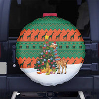 Giraffes Decorating Tree Gifts Spare Tire Cover with Orange Green Holiday Pattern Design - Wonder Print Shop