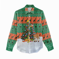 Giraffes Decorating Tree Gifts Women Casual Shirt with Orange Green Holiday Pattern Design - Wonder Print Shop