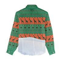 Giraffes Decorating Tree Gifts Women Casual Shirt with Orange Green Holiday Pattern Design - Wonder Print Shop