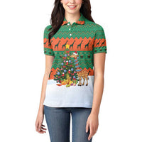 Giraffes Decorating Tree Gifts Women Polo Shirt with Orange Green Holiday Pattern Design - Wonder Print Shop