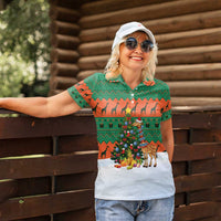 Giraffes Decorating Tree Gifts Women Polo Shirt with Orange Green Holiday Pattern Design - Wonder Print Shop