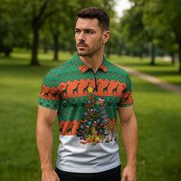 Giraffes Decorating Tree Gifts Zipper Polo Shirt with Orange Green Holiday Pattern Design - Wonder Print Shop