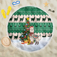 Llama Decorating Tree in Santa Hat Beach Blanket with Green Gift Pattern Design - Wonder Print Shop