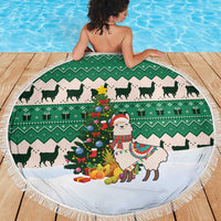 Llama Decorating Tree in Santa Hat Beach Blanket with Green Gift Pattern Design - Wonder Print Shop