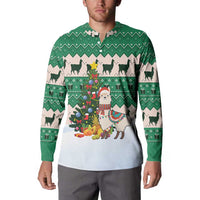 Llama Decorating Tree in Santa Hat Button Sweatshirt with Green Gift Pattern Design - Wonder Print Shop