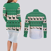 Llama Decorating Tree in Santa Hat Couples Matching Long Sleeve Bodycon Dress and Long Sleeve Button Shirt with Green Gift Pattern Design - Wonder Print Shop