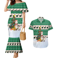 Llama Decorating Tree in Santa Hat Couples Matching Mermaid Dress and Hawaiian Shirt with Green Gift Pattern Design - Wonder Print Shop