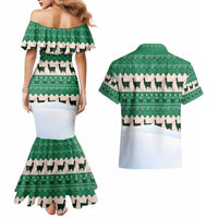 Llama Decorating Tree in Santa Hat Couples Matching Mermaid Dress and Hawaiian Shirt with Green Gift Pattern Design - Wonder Print Shop