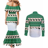 Llama Decorating Tree in Santa Hat Couples Matching Mermaid Dress and Long Sleeve Button Shirt with Green Gift Pattern Design - Wonder Print Shop