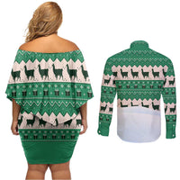 Llama Decorating Tree in Santa Hat Couples Matching Off Shoulder Short Dress and Long Sleeve Button Shirt with Green Gift Pattern Design - Wonder Print Shop