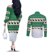Llama Decorating Tree in Santa Hat Couples Matching Off The Shoulder Long Sleeve Dress and Long Sleeve Button Shirt with Green Gift Pattern Design - Wonder Print Shop