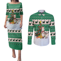 Llama Decorating Tree in Santa Hat Couples Matching Puletasi and Long Sleeve Button Shirt with Green Gift Pattern Design - Wonder Print Shop