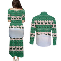Llama Decorating Tree in Santa Hat Couples Matching Puletasi and Long Sleeve Button Shirt with Green Gift Pattern Design - Wonder Print Shop