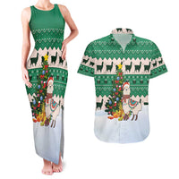 Llama Decorating Tree in Santa Hat Couples Matching Tank Maxi Dress and Hawaiian Shirt with Green Gift Pattern Design - Wonder Print Shop