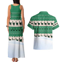 Llama Decorating Tree in Santa Hat Couples Matching Tank Maxi Dress and Hawaiian Shirt with Green Gift Pattern Design - Wonder Print Shop