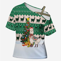 Llama Decorating Tree in Santa Hat Cross Shoulder Shirt with Green Gift Pattern Design - Wonder Print Shop