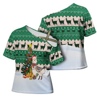 Llama Decorating Tree in Santa Hat Cross Shoulder Shirt with Green Gift Pattern Design - Wonder Print Shop