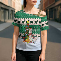 Llama Decorating Tree in Santa Hat Cross Shoulder Shirt with Green Gift Pattern Design - Wonder Print Shop