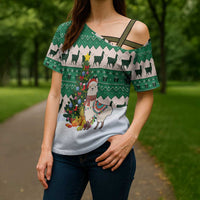 Llama Decorating Tree in Santa Hat Cross Shoulder Shirt with Green Gift Pattern Design - Wonder Print Shop