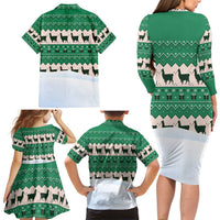 Llama Decorating Tree in Santa Hat Family Matching Long Sleeve Bodycon Dress and Hawaiian Shirt with Green Gift Pattern Design - Wonder Print Shop