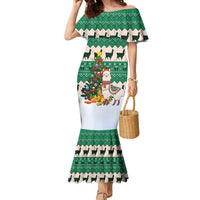 Llama Decorating Tree in Santa Hat Family Matching Mermaid Dress and Hawaiian Shirt with Green Gift Pattern Design - Wonder Print Shop