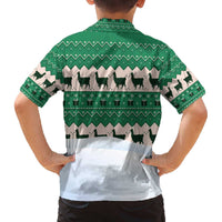Llama Decorating Tree in Santa Hat Family Matching Off The Shoulder Long Sleeve Dress and Hawaiian Shirt with Green Gift Pattern Design - Wonder Print Shop