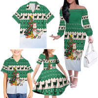 Llama Decorating Tree in Santa Hat Family Matching Off The Shoulder Long Sleeve Dress and Hawaiian Shirt with Green Gift Pattern Design - Wonder Print Shop