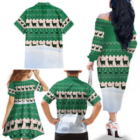 Llama Decorating Tree in Santa Hat Family Matching Off The Shoulder Long Sleeve Dress and Hawaiian Shirt with Green Gift Pattern Design - Wonder Print Shop