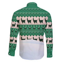 Llama Decorating Tree in Santa Hat Family Matching Off The Shoulder Long Sleeve Dress and Hawaiian Shirt with Green Gift Pattern Design - Wonder Print Shop