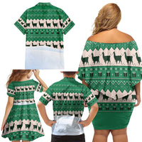 Llama Decorating Tree in Santa Hat Family Matching Off Shoulder Short Dress and Hawaiian Shirt with Green Gift Pattern Design - Wonder Print Shop
