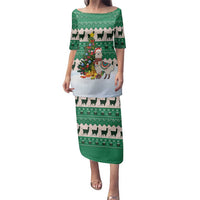 Llama Decorating Tree in Santa Hat Family Matching Puletasi and Hawaiian Shirt with Green Gift Pattern Design - Wonder Print Shop